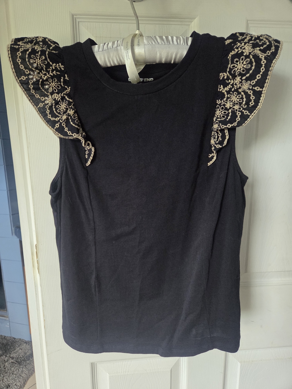 Lands' End Black Sleeveless Top with Cream Embroidered Ruffle Shoulders